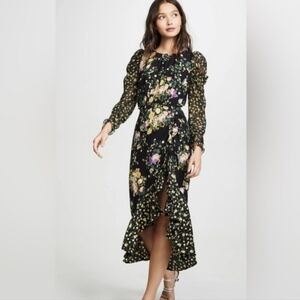 For Love & Lemons Black & Yellow Sheath Midi Dress w Bishop Sleeves Si…